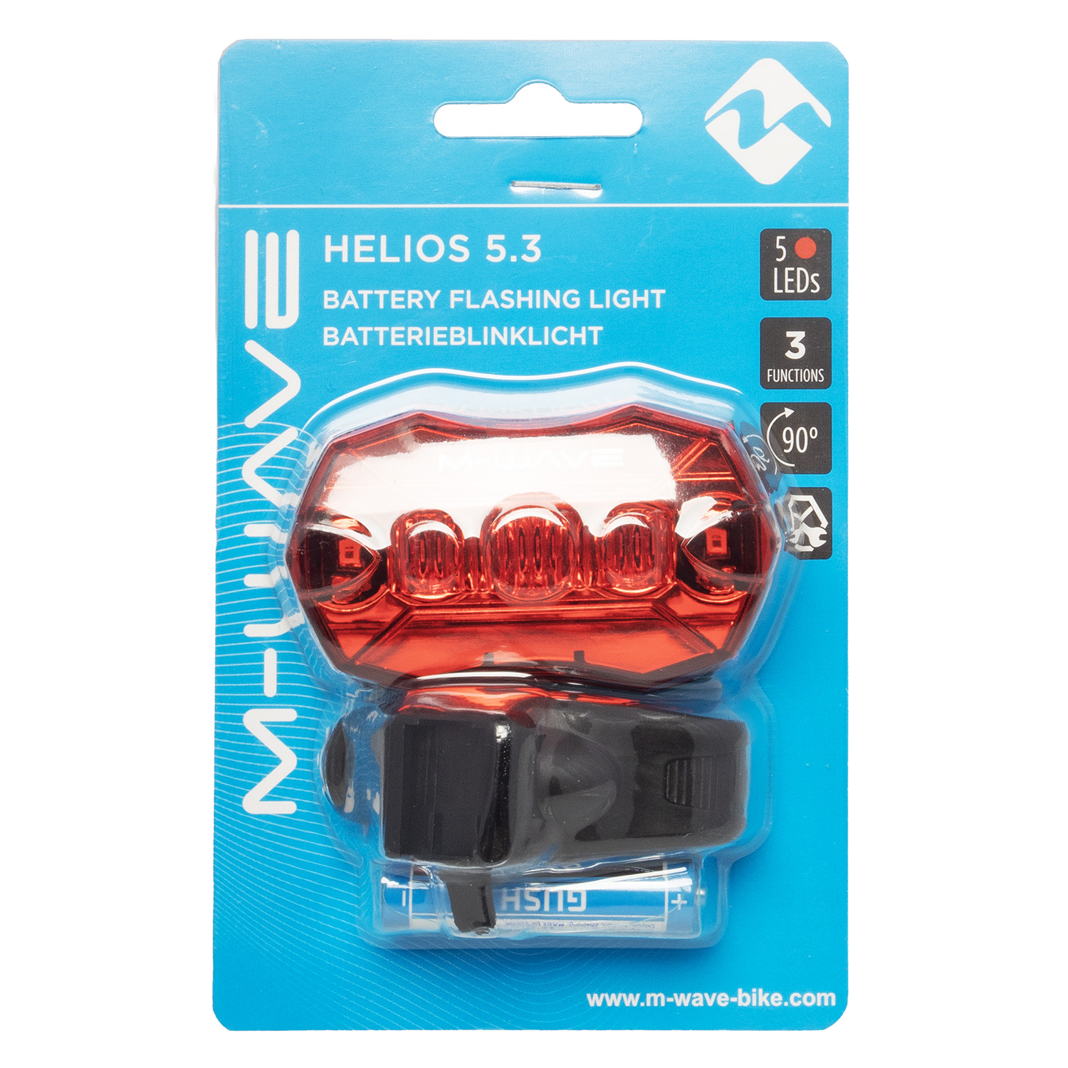 Фара зад. M-WAVE, 5 LED, black housing/red glass, 3 functions, with batteries,