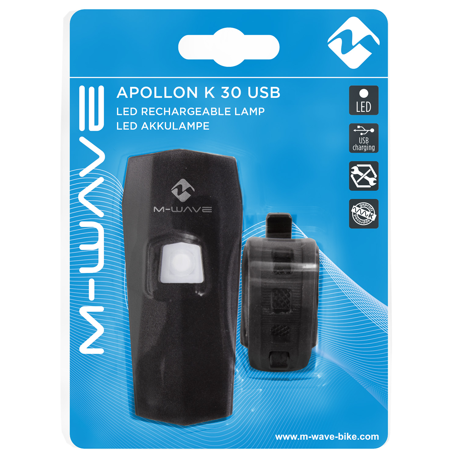 Фара пер. >Apollon K 30 USB<, M-WAVE, 70 Lumen / 30 Lux, w/bracket, w/micro USB cable,